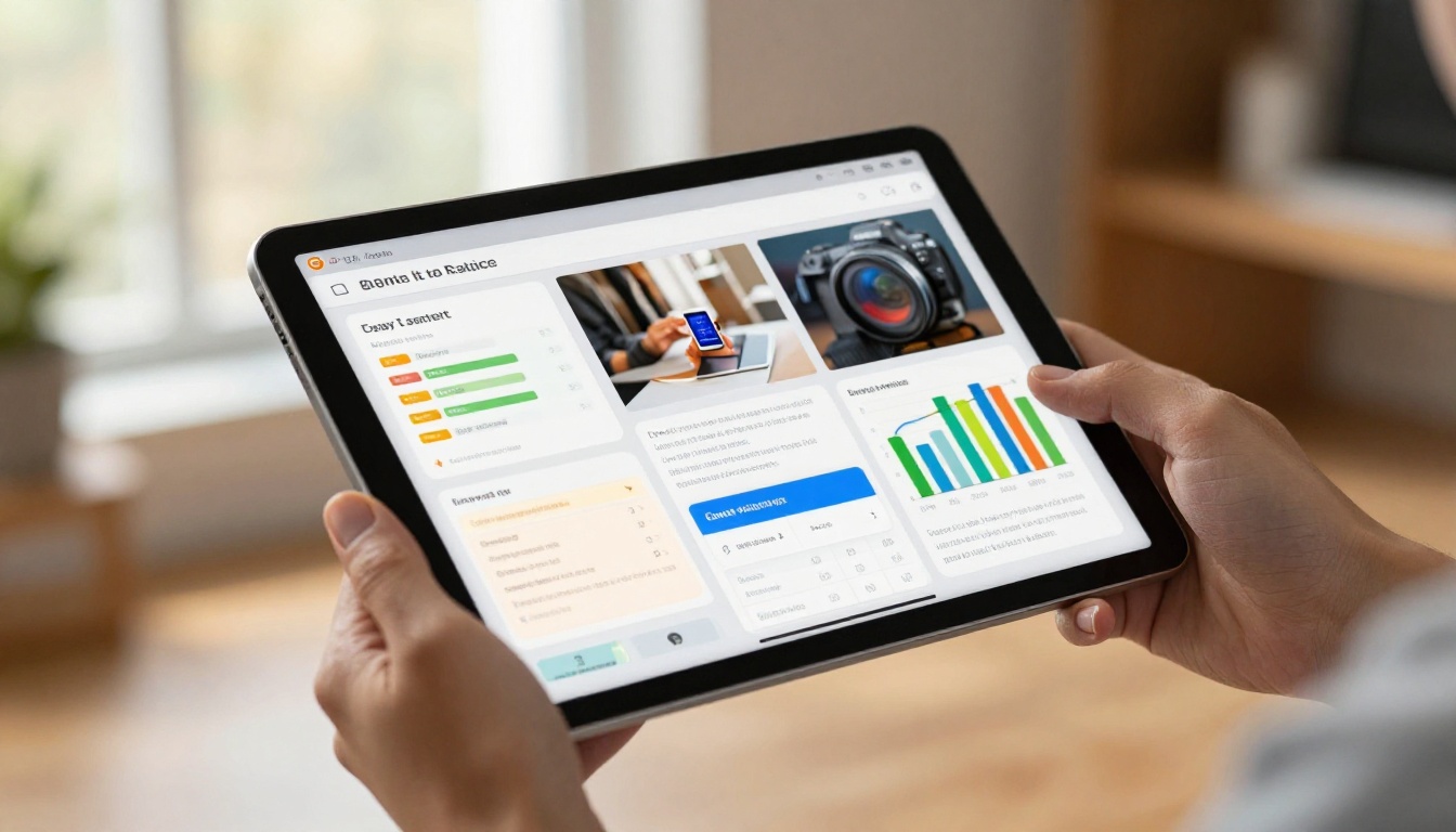 Close-up of hands holding a tablet showing an interactive flipbook presentation mid page-turn