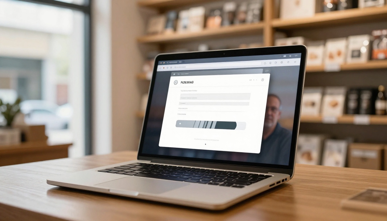 Business owner uploading a PDF to convert it into an interactive brochure on a laptop in a warm retail shop Business owner uploading a PDF to convert it into an interactive brochure on a laptop in a warm retail shop