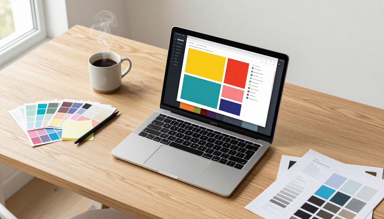 Aerial view of a designer's desk with laptop showing flipbook presentation design interface