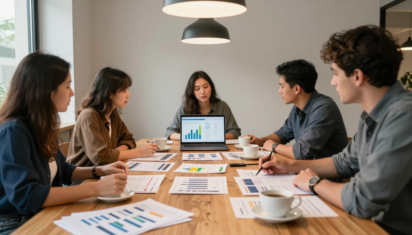 Marketing team of three professionals reviewing brochure analytics on a laptop in a stylish co-working space Marketing team of three professionals reviewing brochure analytics on a laptop in a stylish co-working space