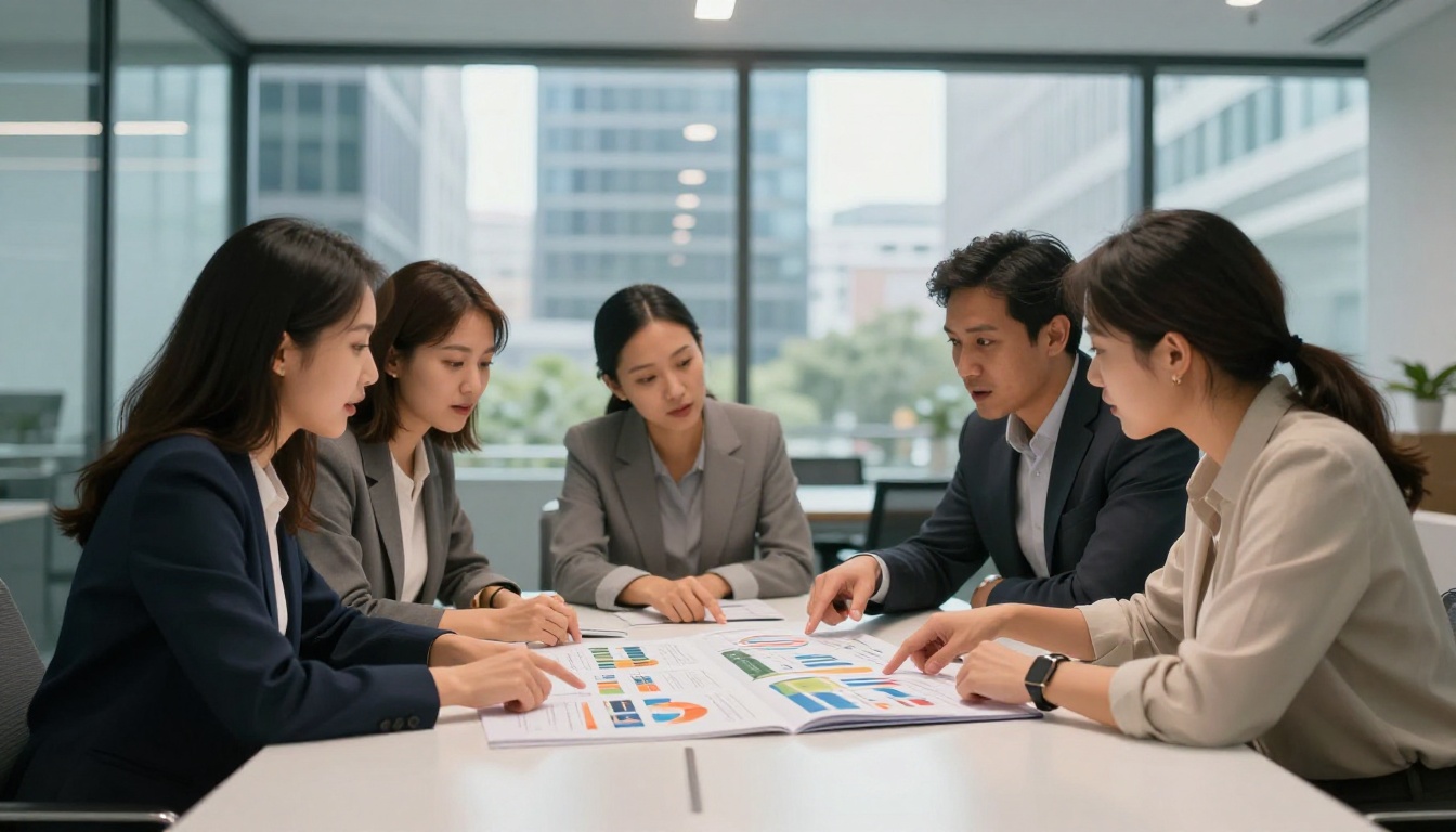 A marketing team gathered around a conference table reviewing a colorful flipbook presentation