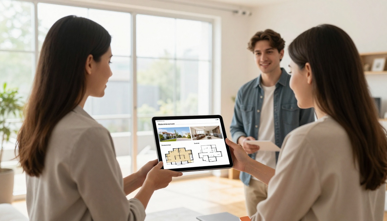 Female real estate agent showing an interactive property brochure on a tablet to a young couple in a bright modern apartment Female real estate agent showing an interactive property brochure on a tablet to a young couple in a bright modern apartment
