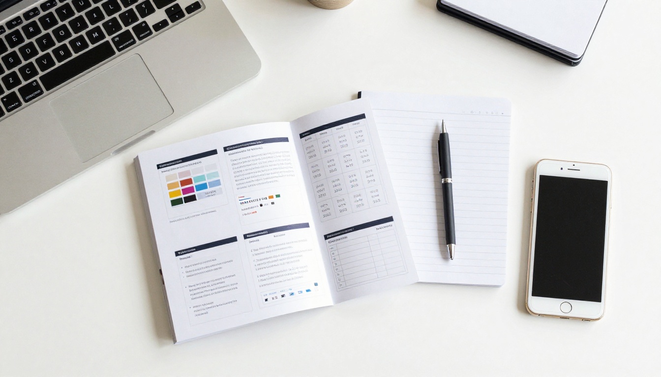 Flat-lay overhead view of a laptop, printed trifold brochure, notepad, pen, and smartphone on a clean white desk Flat-lay overhead view of a laptop, printed trifold brochure, notepad, pen, and smartphone on a clean white desk