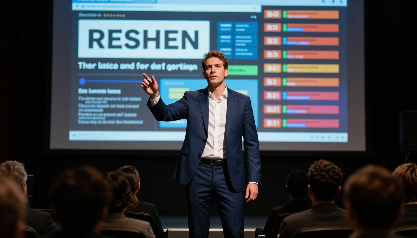 A confident male presenter in a navy suit in front of a projected flipbook presentation in a darkened auditorium