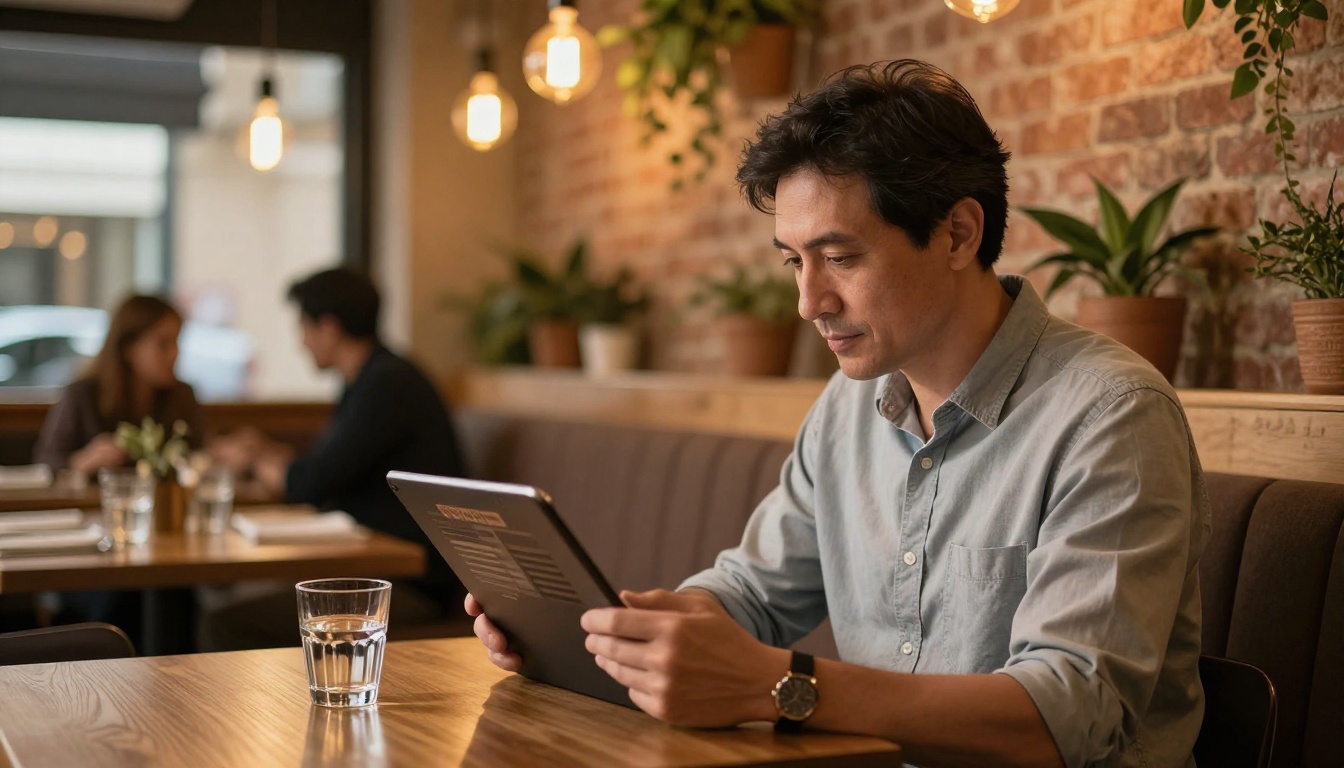 Restaurant owner reviewing a digital menu brochure on a tablet in an empty, warmly lit restaurant booth Restaurant owner reviewing a digital menu brochure on a tablet in an empty, warmly lit restaurant booth