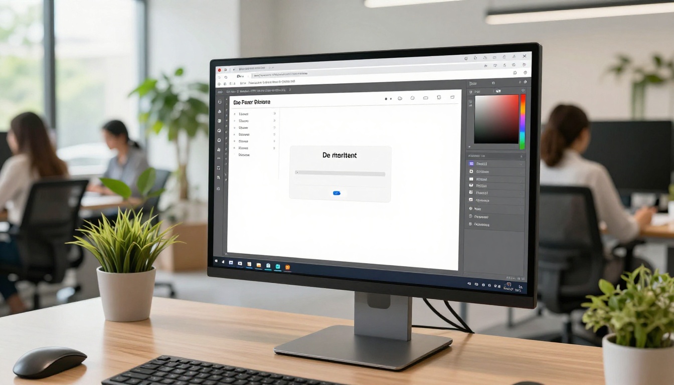 Young professional woman customizing a digital brochure template on a large curved monitor at a standing desk in a co-working space Young professional woman customizing a digital brochure template on a large curved monitor at a standing desk in a co-working space
