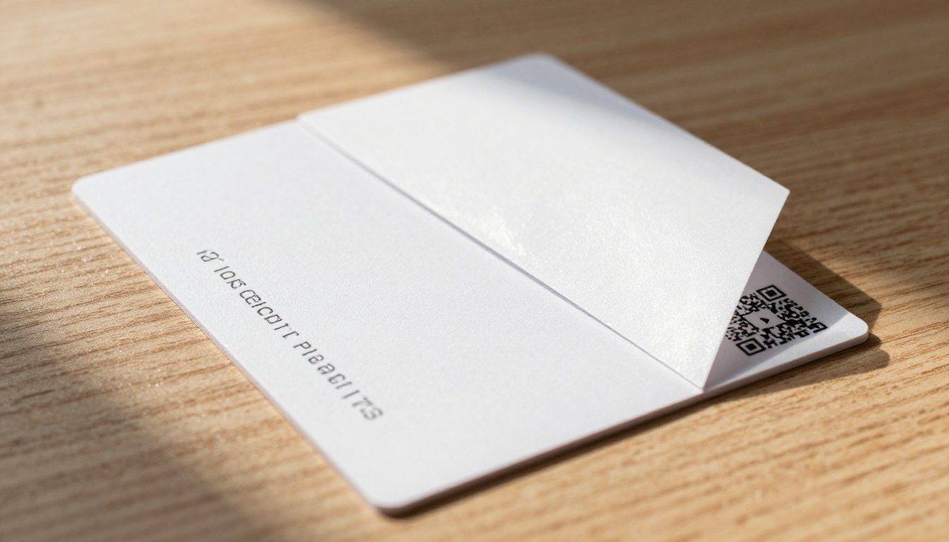 Business card, glossy mini-brochure, and QR code sticker on a wooden desk surface with sharp morning sidelight Business card, glossy mini-brochure, and QR code sticker on a wooden desk surface with sharp morning sidelight