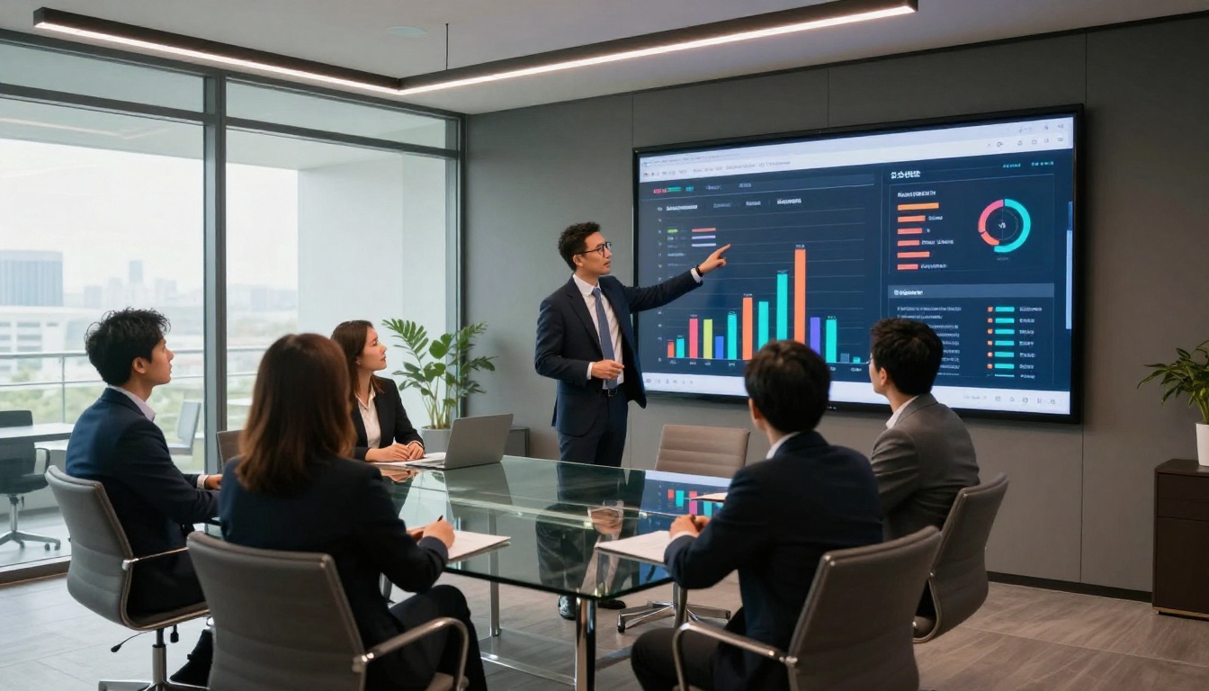 Entrepreneur in a navy suit presenting an interactive digital brochure with data charts to investors in a glass-walled conference room Entrepreneur in a navy suit presenting an interactive digital brochure with data charts to investors in a glass-walled conference room