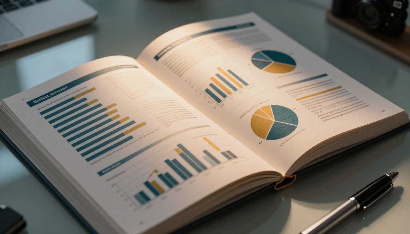 Open flipbook presentation on a glass desk showing data visualization pages with charts and a pen