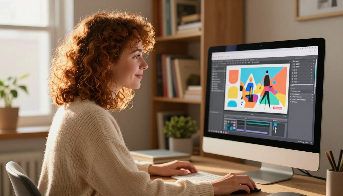 A young professional woman creating a digital flipbook presentation at her home office workstation