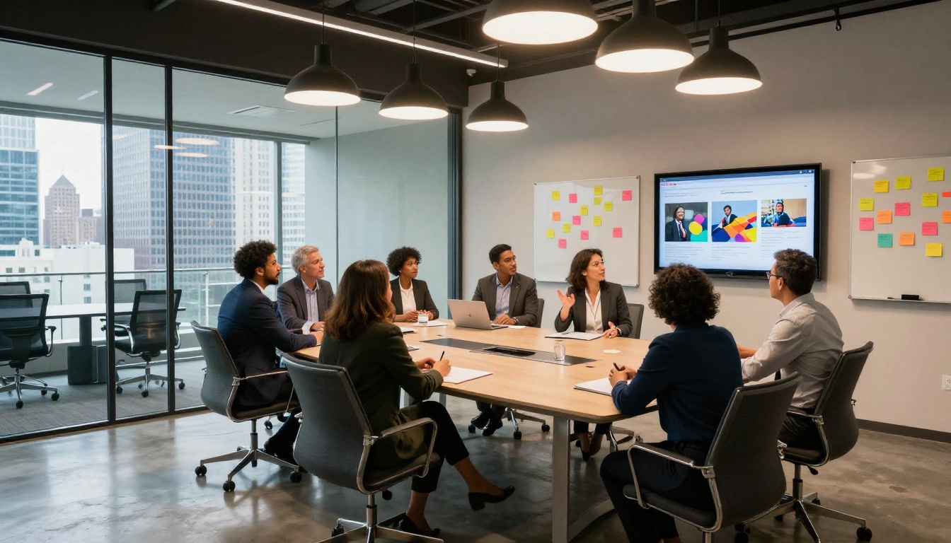 Diverse business professionals in a glass-walled meeting room with a flipbook presentation on a wall screen