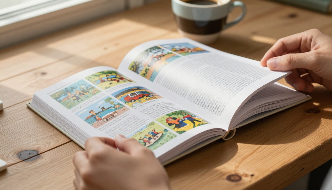 Hands turning the pages of a physical printed flipbook on a warm wooden desk