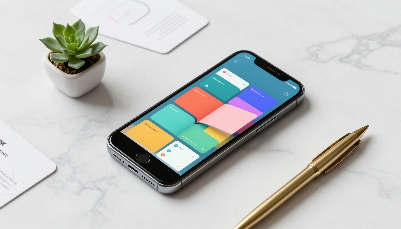 A modern smartphone on a marble surface displaying a mobile flipbook presentation with vibrant colors