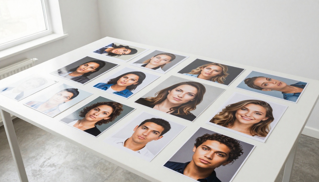 Female photographer arranging printed portrait photos on white studio table from aerial view
