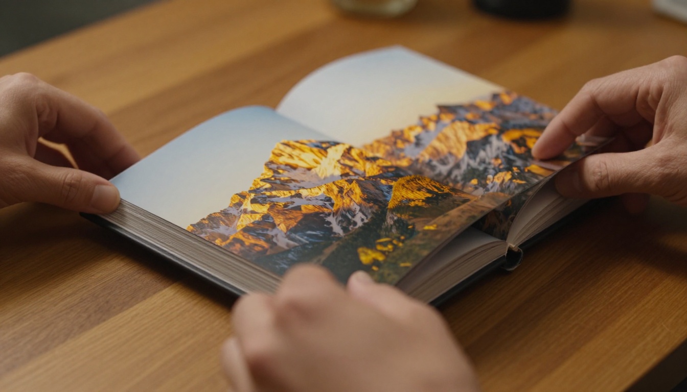 Close-up of hands flipping through a photography portfolio flipbook showing golden hour landscape photo