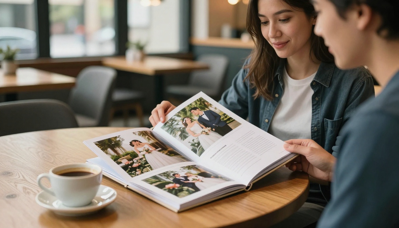 Professional male photographer presenting open flipbook to female client at coffee shop table