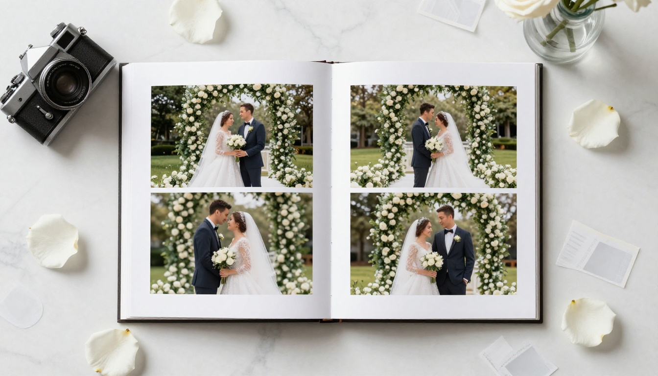 Aerial flat-lay of open wedding photography flipbook on white marble with roses and film camera