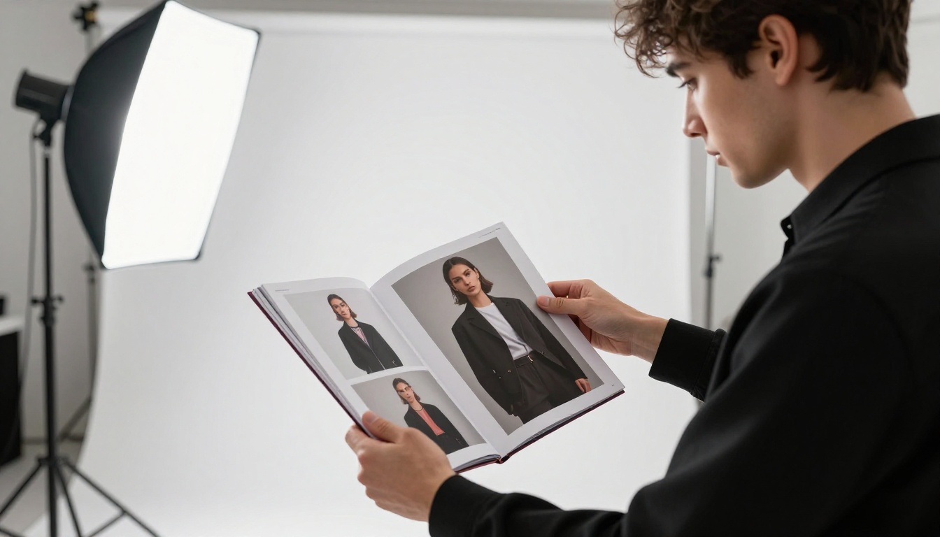 Fashion photographer standing in studio holding open flipbook portfolio displaying model shots