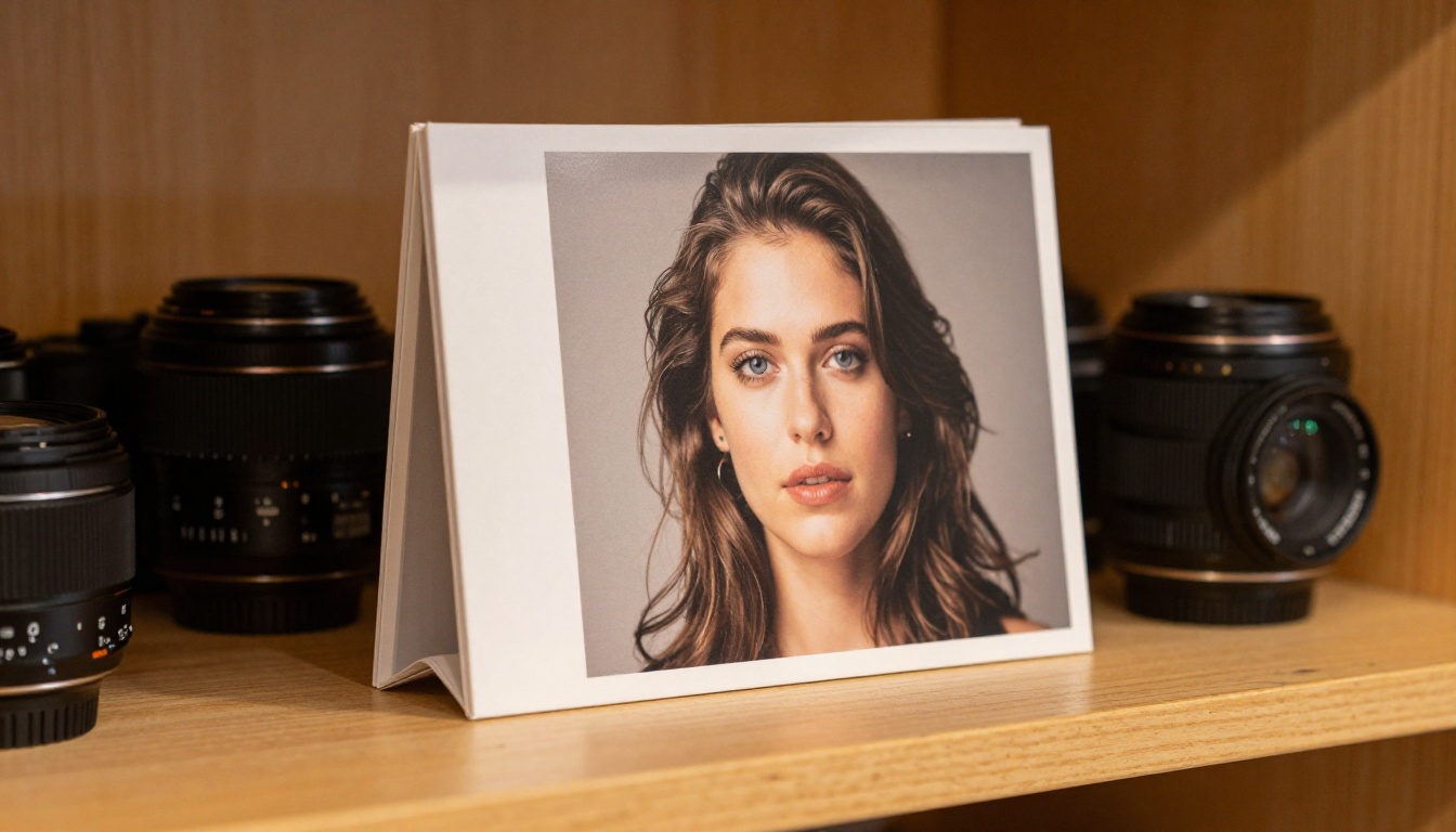 Photography portfolio flipbook standing on warm wooden bookshelf surrounded by camera lenses