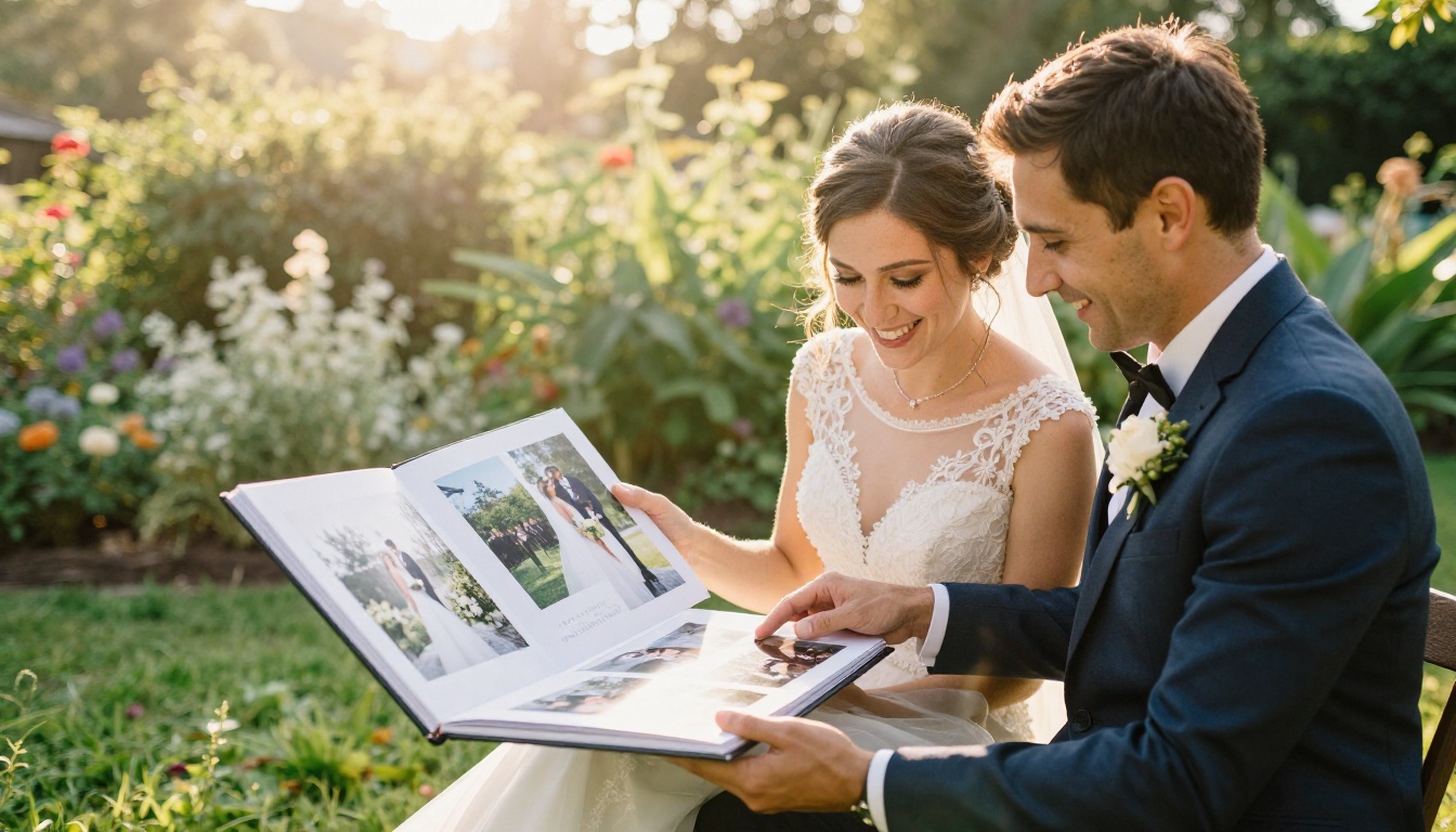 Wedding photographer reviewing open flipbook with smiling bride and groom in sunlit garden