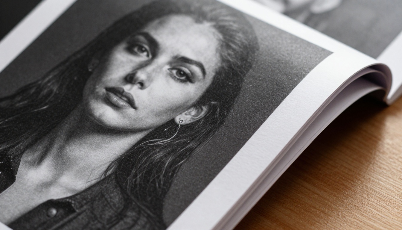 Close-up of black-and-white portrait photograph on matte flipbook page with curled corner showing paper texture