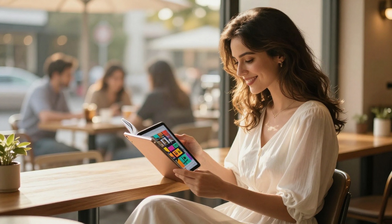 Woman reading an interactive flip magazine on a tablet in a cafe