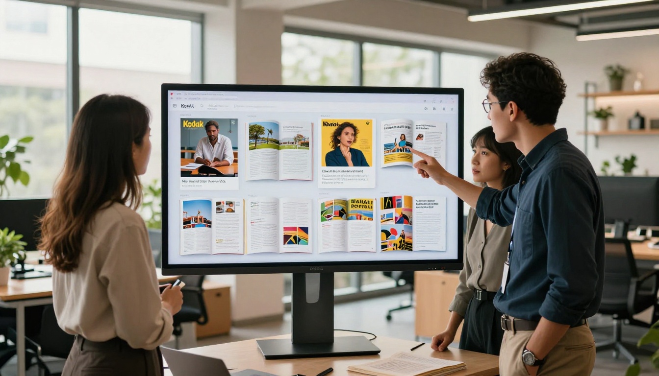 Marketing team reviewing a collaborative digital publication on a large screen