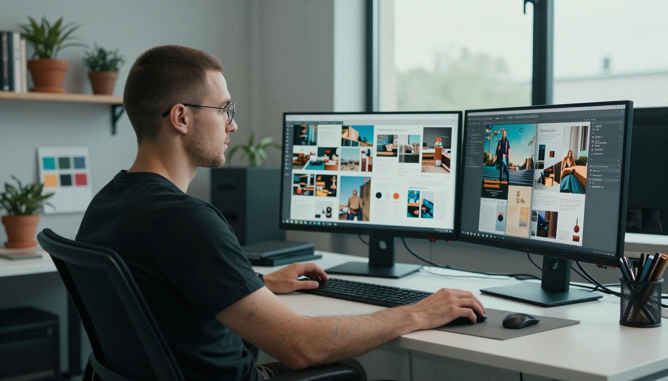Designer reviewing digital magazine spreads at a modern creative workstation
