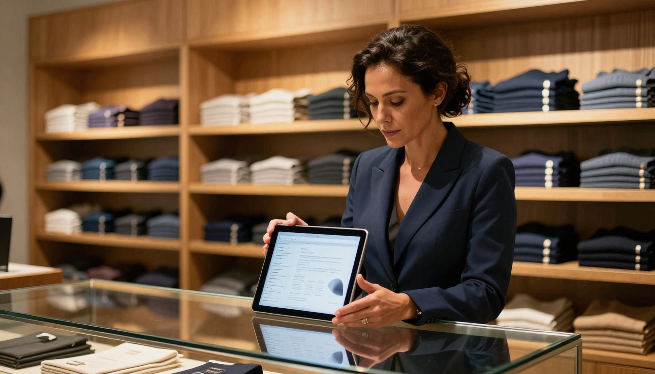 Retail manager showing a digital product catalog on tablet behind a boutique store counter