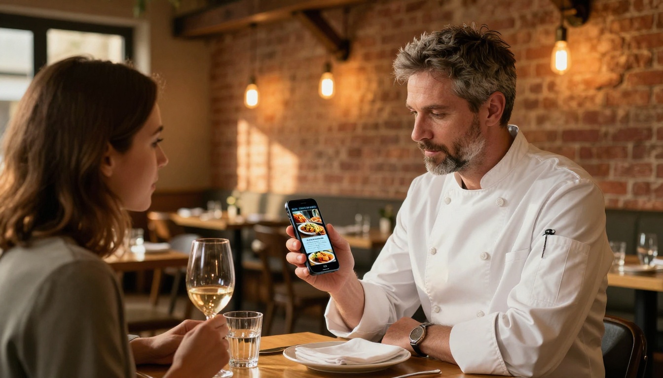 Restaurant owner showing an interactive digital menu on a smartphone to a guest in a warm intimate dining room