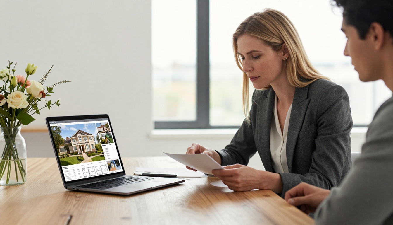 Real estate agent sharing an interactive property brochure flipbook with a young couple at a meeting table