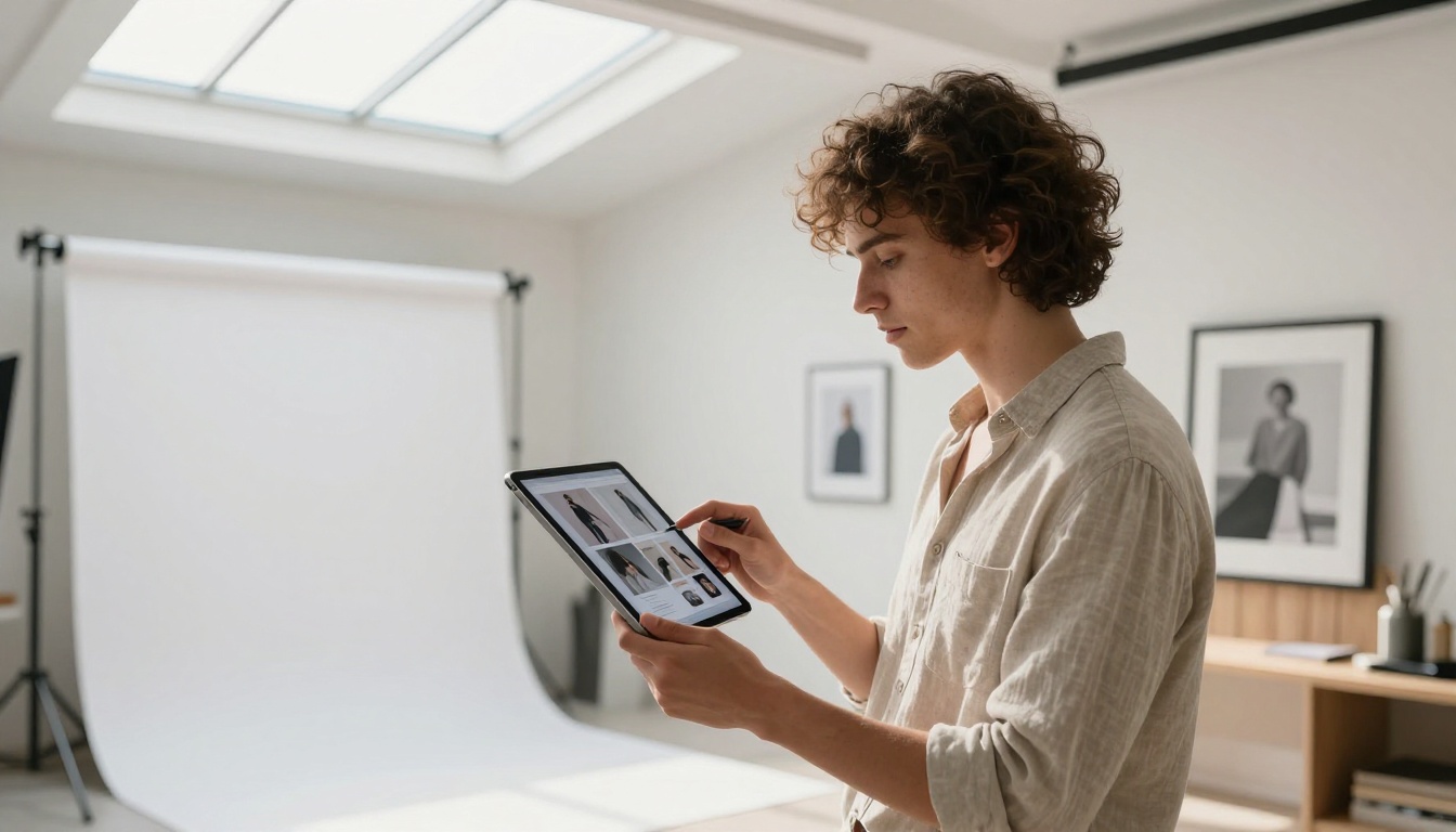 Creative director browsing a digital photography portfolio flipbook on an iPad in a bright studio