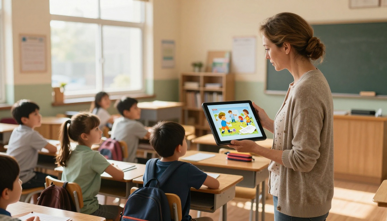 Teacher presenting an interactive e-book on tablet to attentive students in a bright classroom