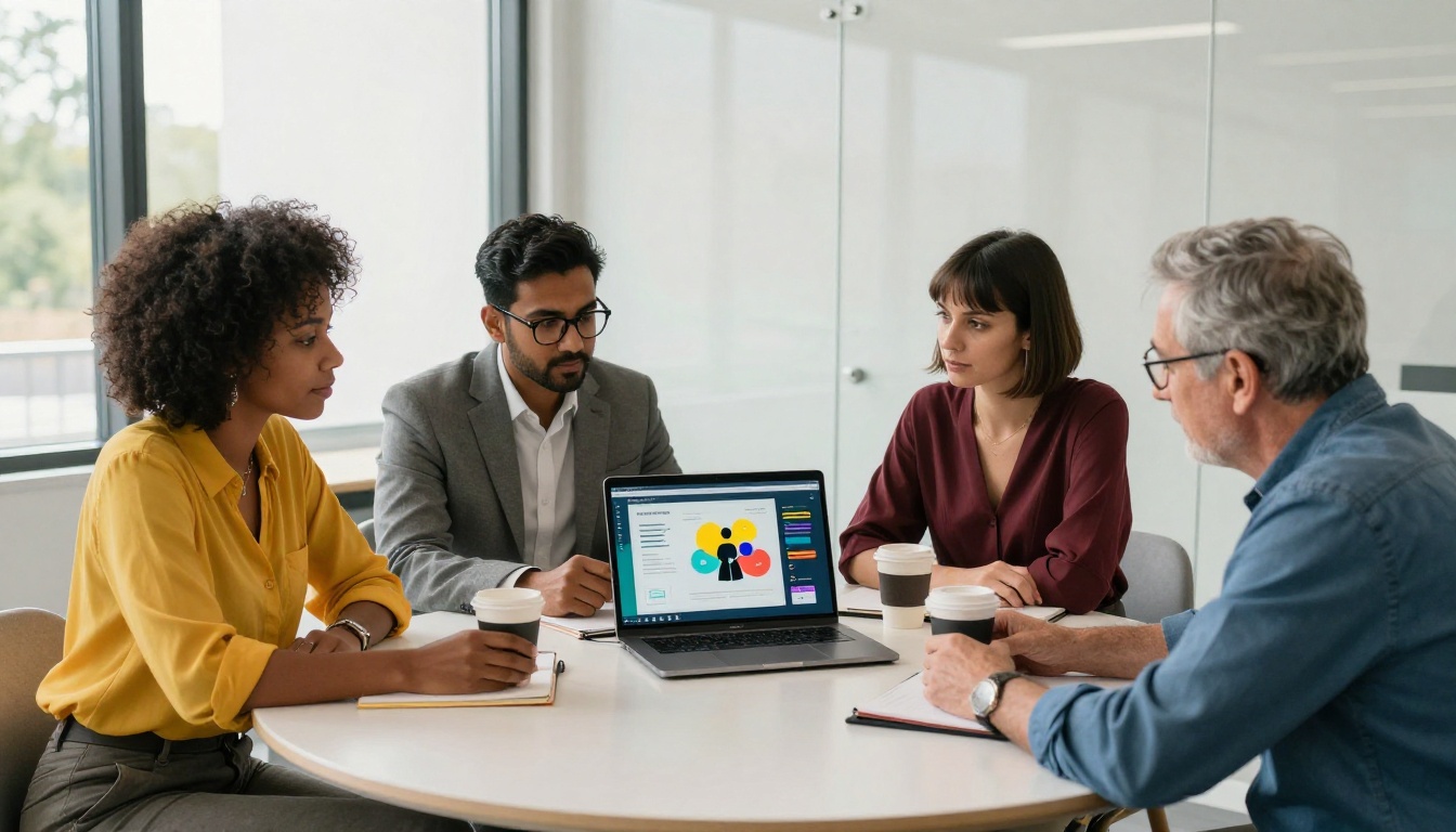 Diverse marketing team gathered around a laptop reviewing a digital sales presentation in a modern conference room