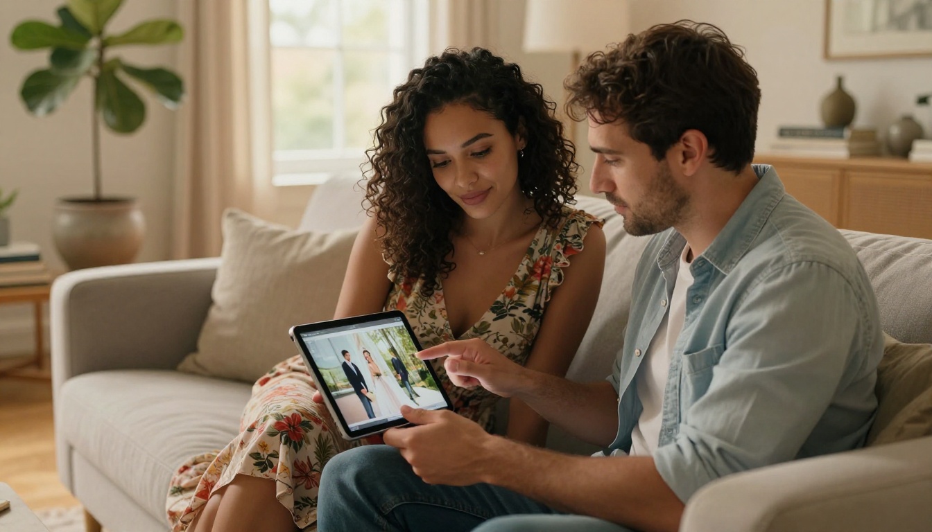 Newlywed couple browsing a wedding album flipbook together on a tablet in a warm modern living room