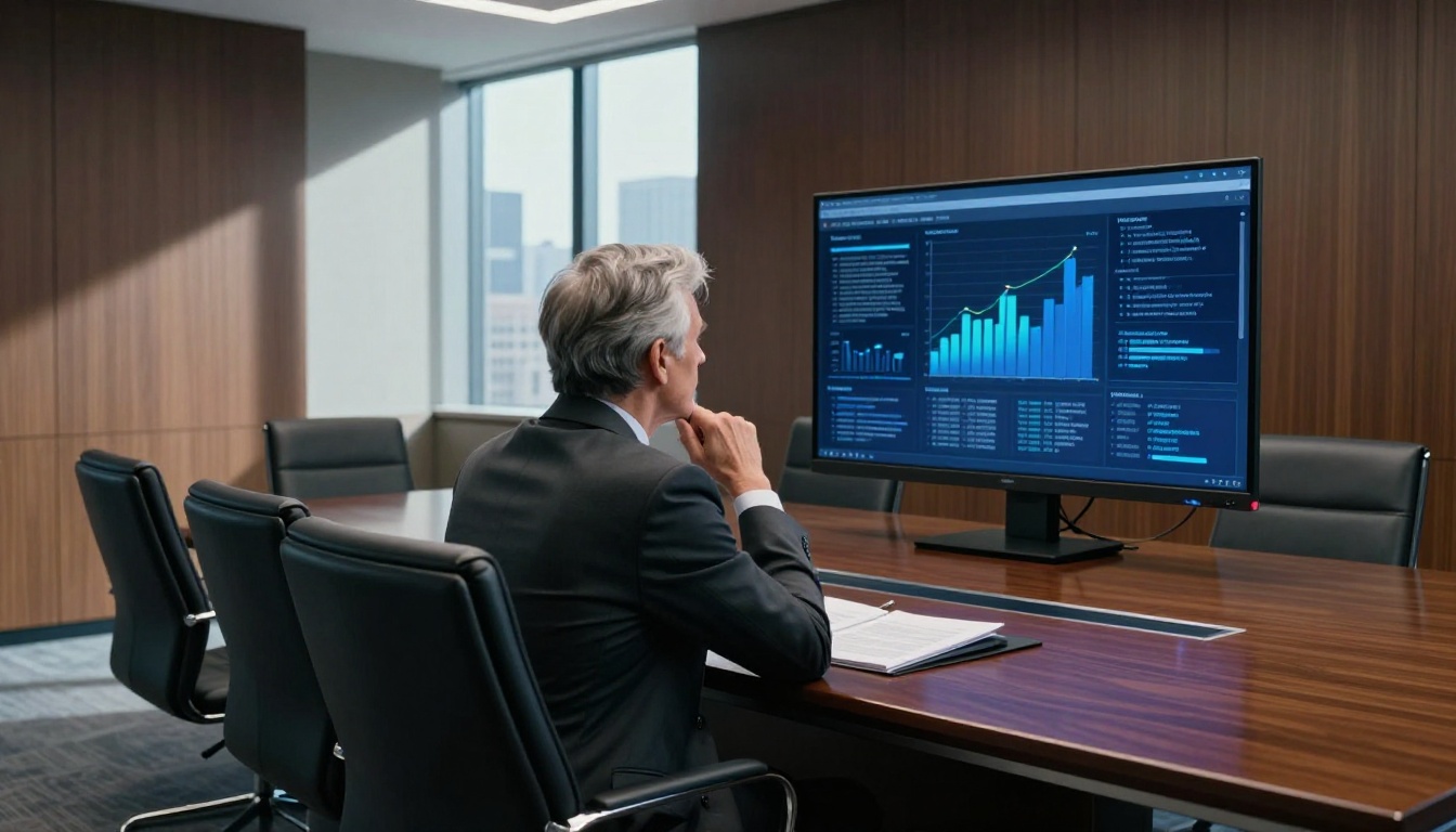 Corporate executive reviewing an annual report as an interactive flipbook on a large monitor in a boardroom