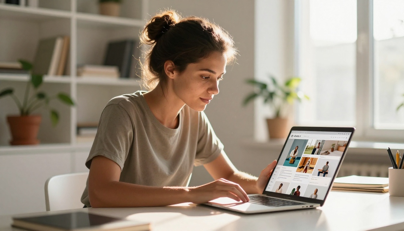 Woman browsing a digital product lookbook on a laptop in a bright home studio