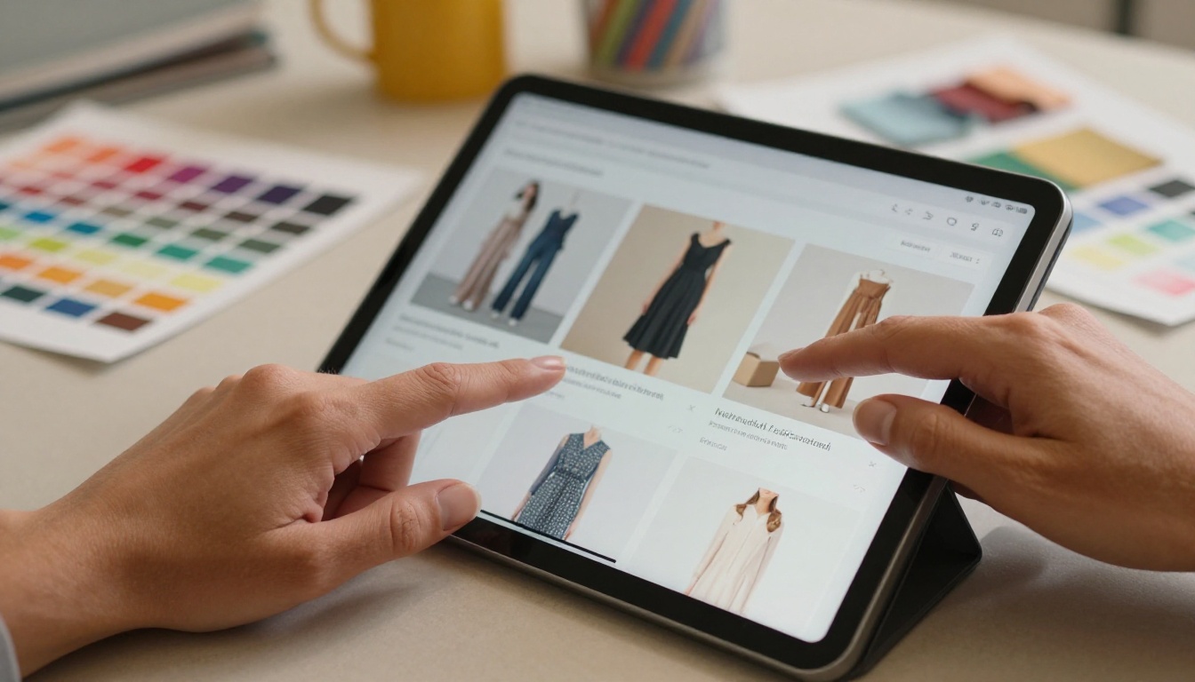 Close-up of hands designing a product lookbook interface on a tablet