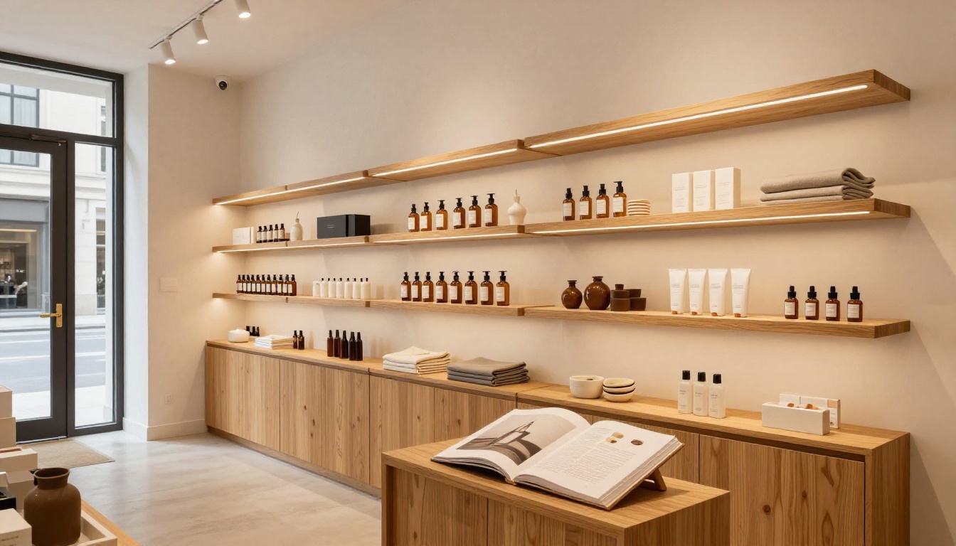Elegant boutique retail store interior with a printed lookbook propped on an easel stand