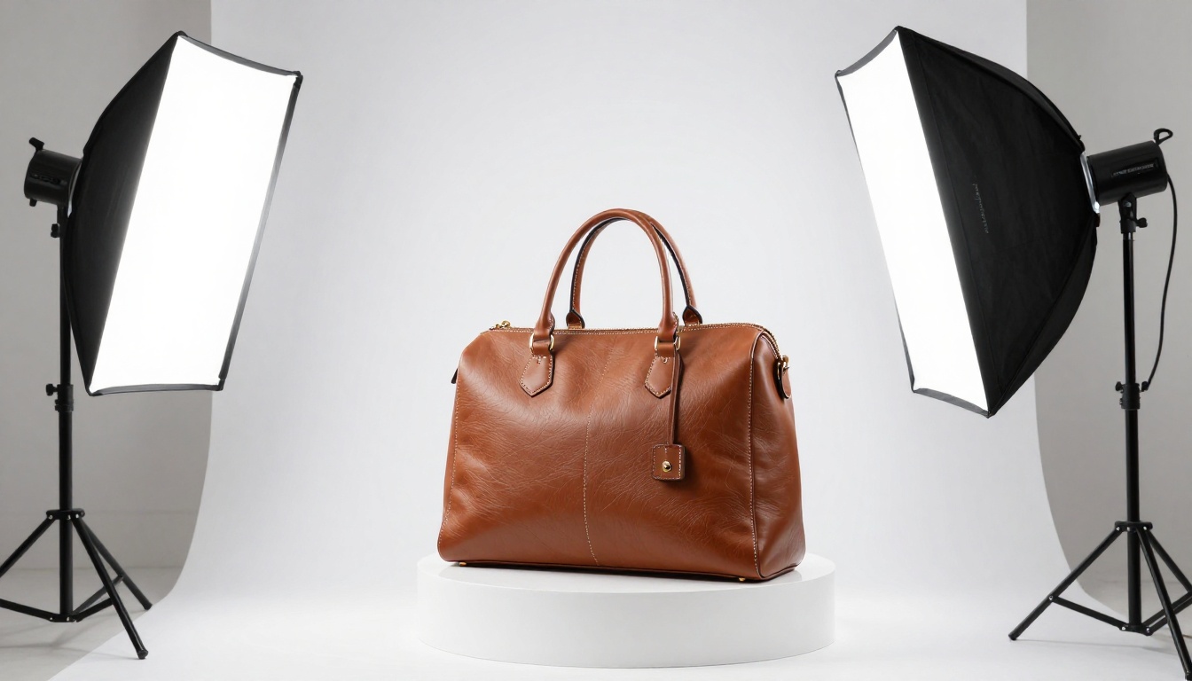 Professional product photography studio setup with leather handbag on white seamless backdrop