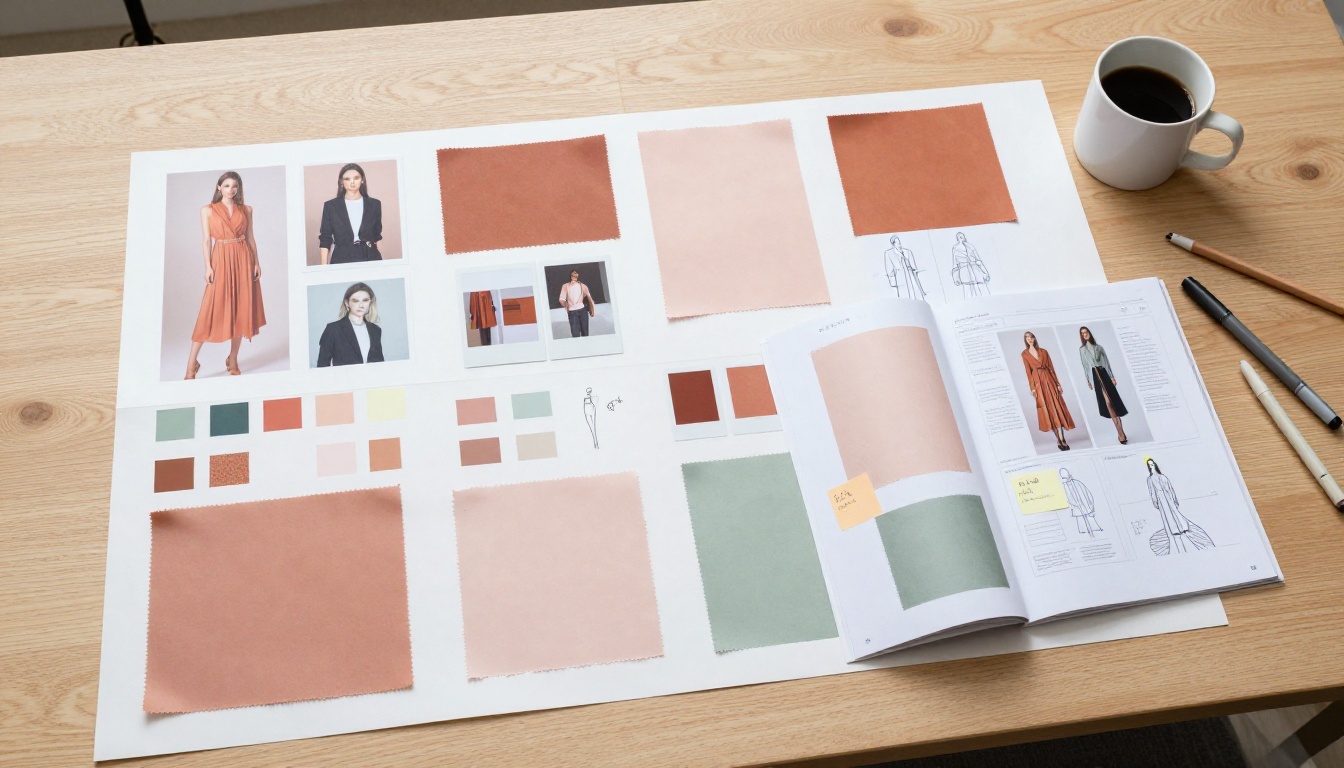 Fashion designer's creative workspace with mood board, fabric swatches, and lookbook layouts