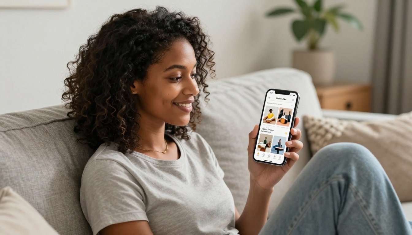 Young woman scrolling through a digital product lookbook on a smartphone at home