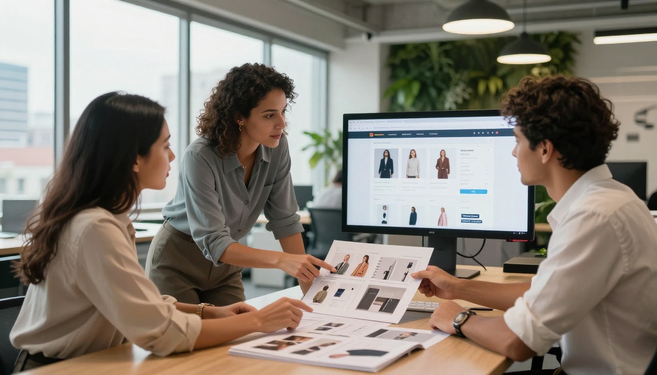 Brand team reviewing a digital lookbook with analytics displayed on a large office monitor