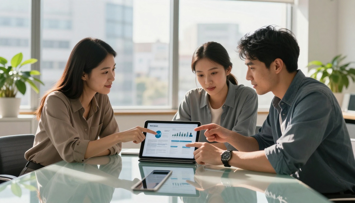Two professionals reviewing a digital catalog on a tablet at a glass conference table Two professionals reviewing a digital catalog on a tablet at a glass conference table
