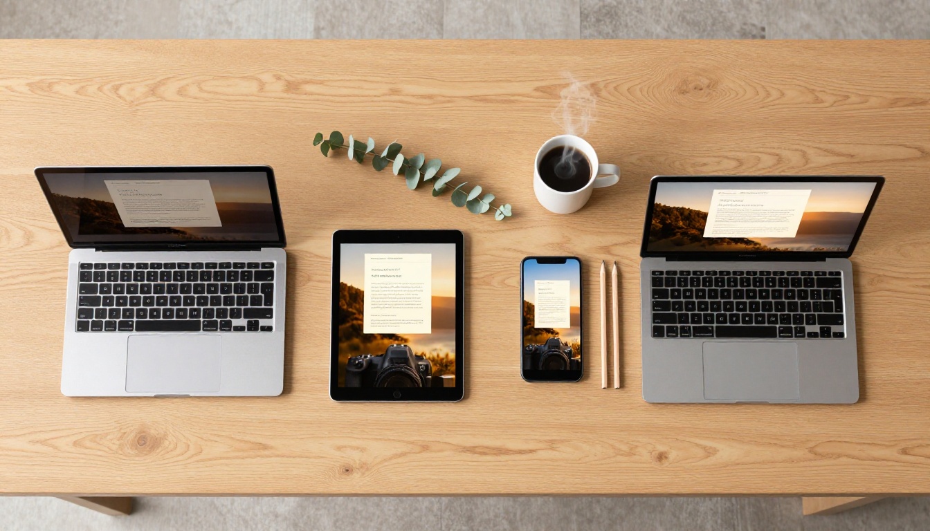 Multiple devices showing the same flipbook open simultaneously in a flat-lay aerial view Multiple devices showing the same flipbook open simultaneously in a flat-lay aerial view