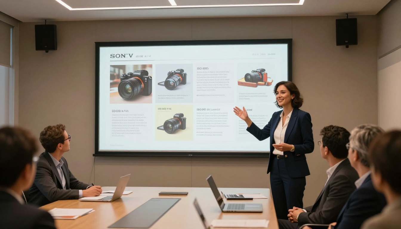 Businesswoman presenting a digital catalog flipbook on a conference room screen Businesswoman presenting a digital catalog flipbook on a conference room screen