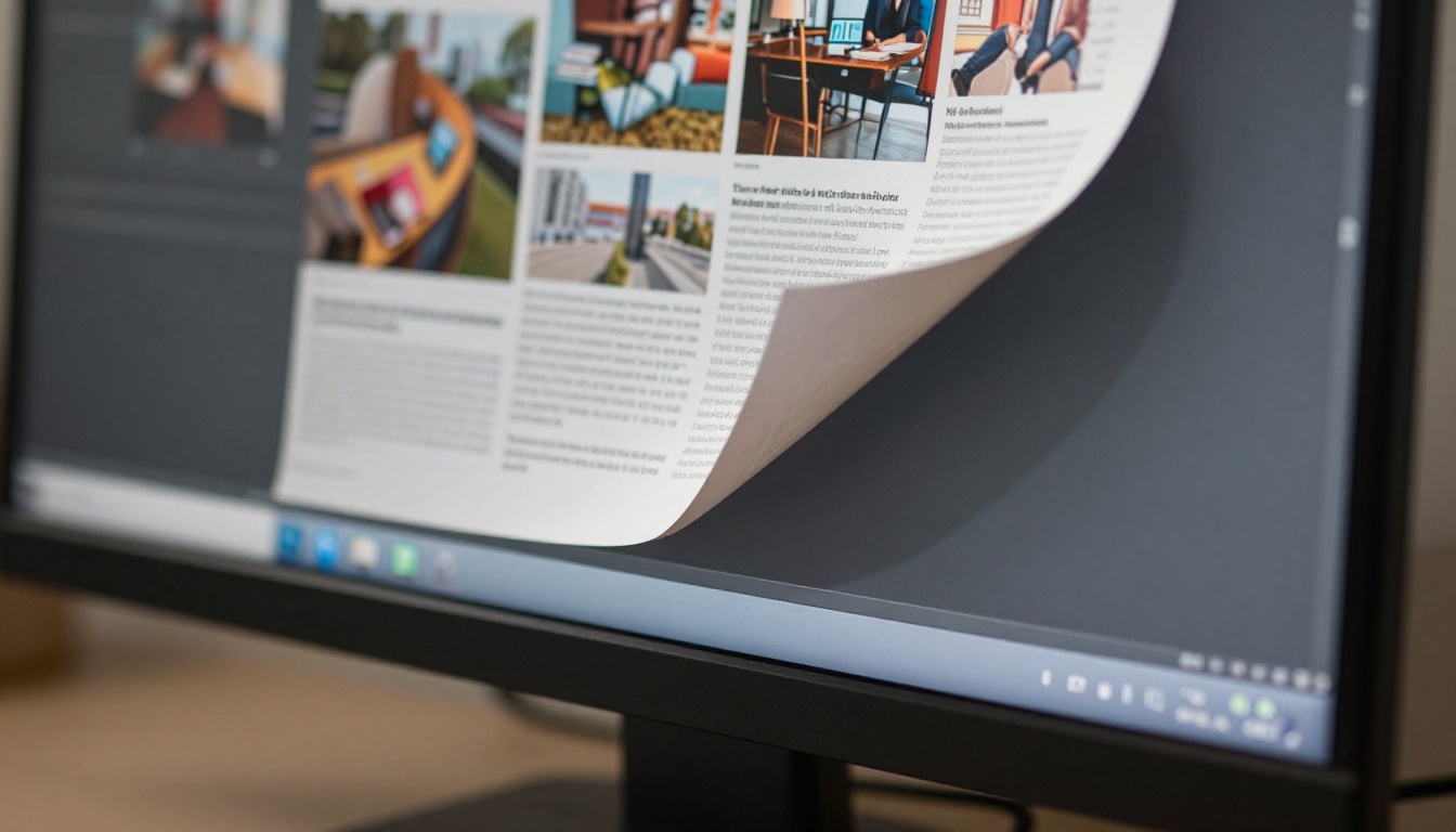 Close-up of a digital flipbook page in mid-curl on a monitor screen Close-up of a digital flipbook page in mid-curl on a monitor screen