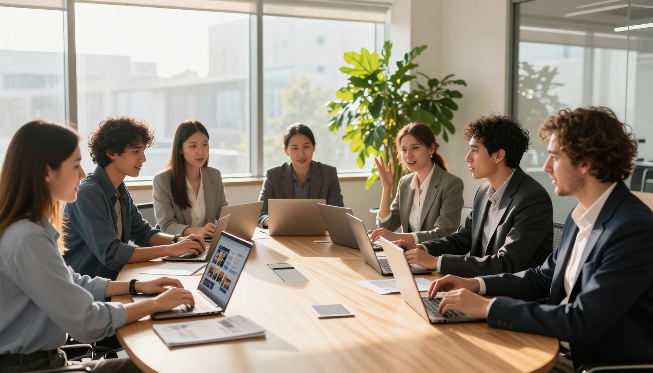 Marketing team reviewing digital publications on laptops at a large conference table Marketing team reviewing digital publications on laptops at a large conference table