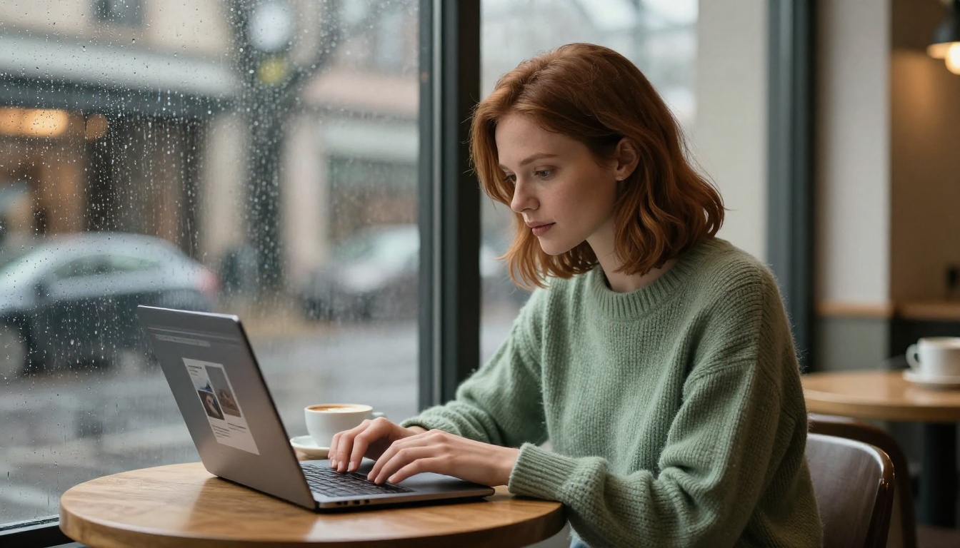 Woman focused on her laptop with a digital flipbook open at a cafe beside a rain-streaked window Woman focused on her laptop with a digital flipbook open at a cafe beside a rain-streaked window