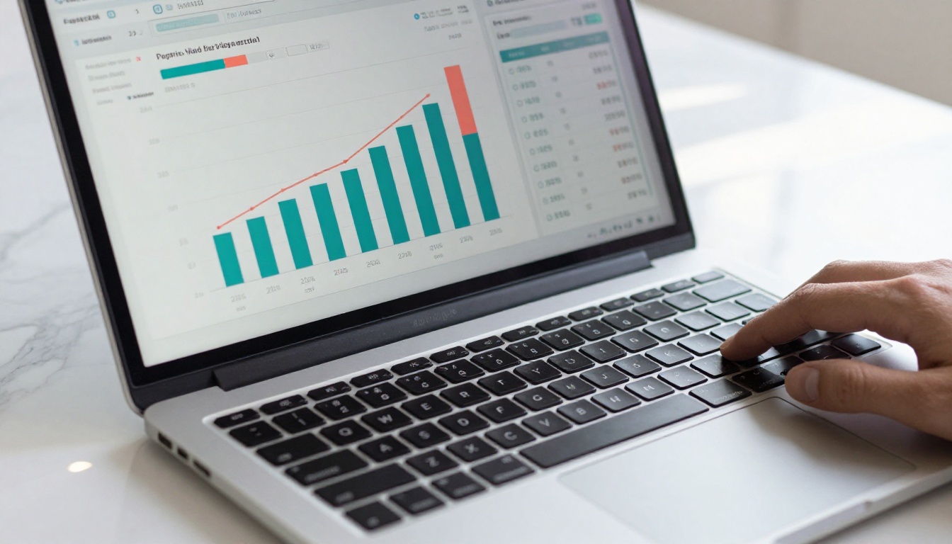 Analytics dashboard displayed on a laptop screen showing bar charts and metrics on marble desk